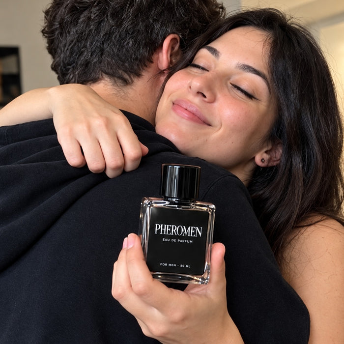 Abrazo con un frasco de Pheromen
