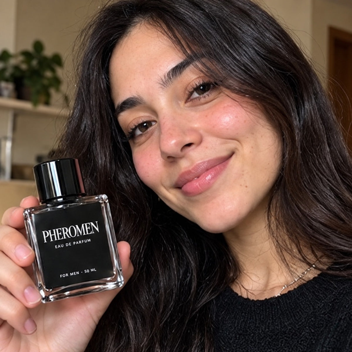 Mujer sosteniendo un frasco de Pheromen