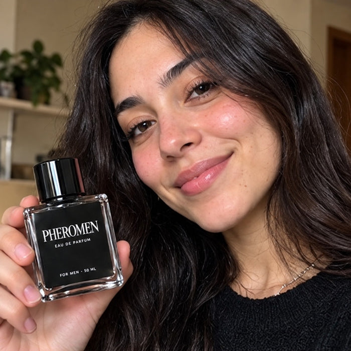 Mujer con un frasco de Pheromen
